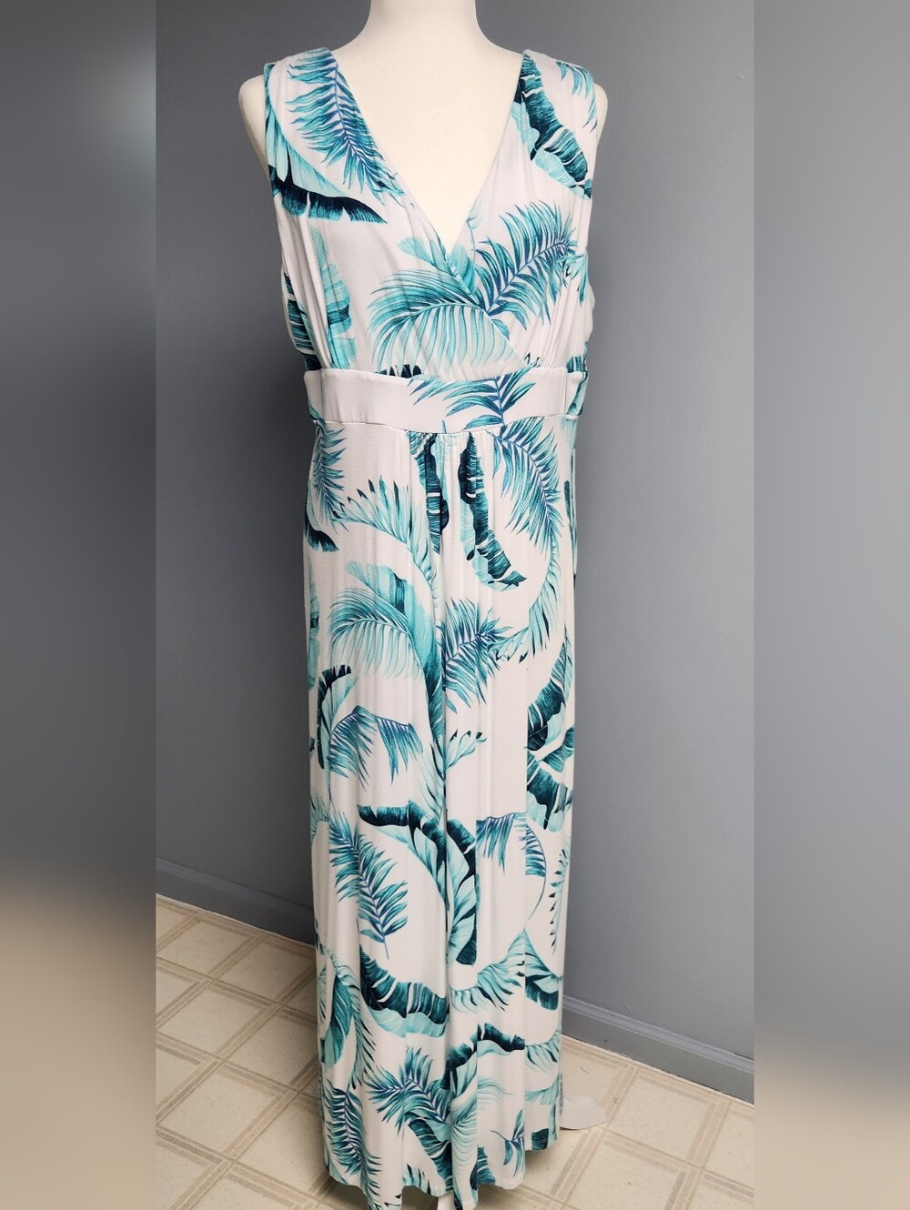Charter Club White Dress with Teal Palm Leaf Print